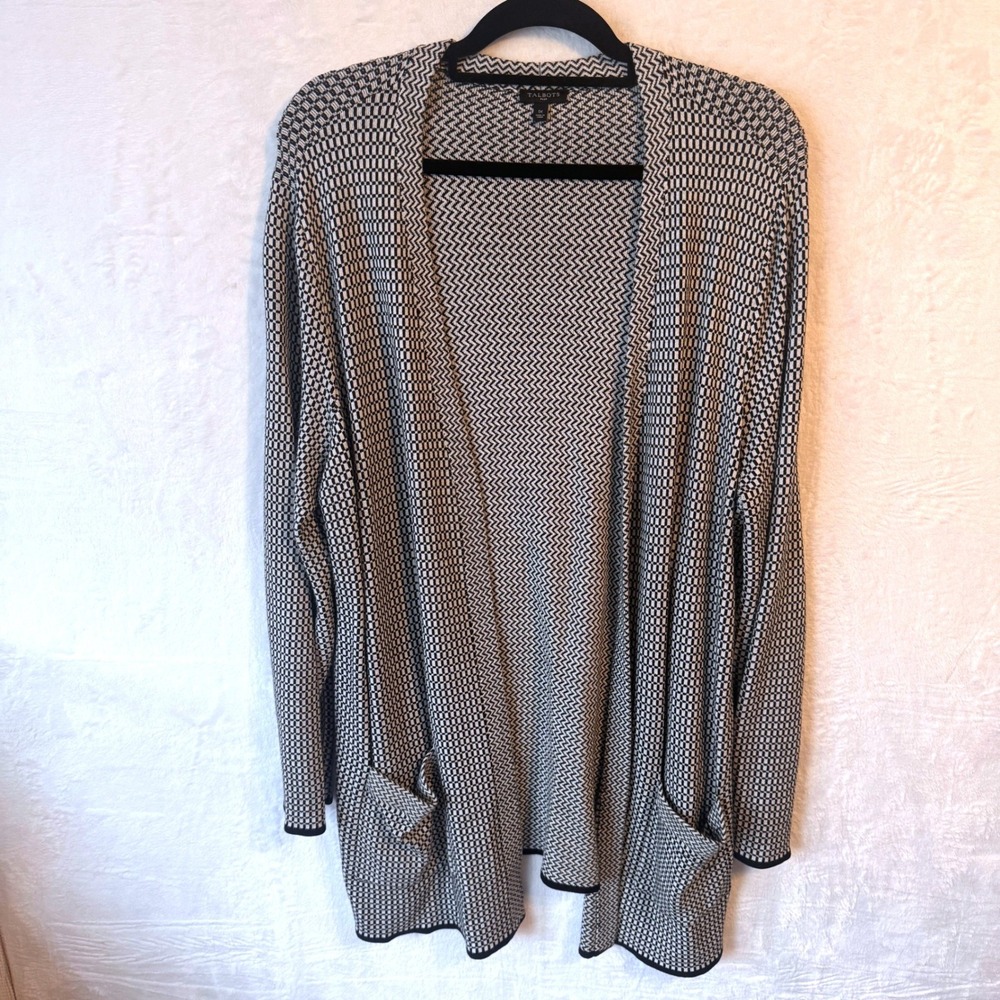 Talbots Plus 1X Black White Geometric Chevron Open Front Cardigan Sweater Pocket